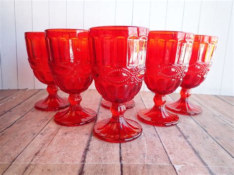 Vintage Red Glass Eye Winker 6 Water Goblet Set Of 6 Red Wine Glasses