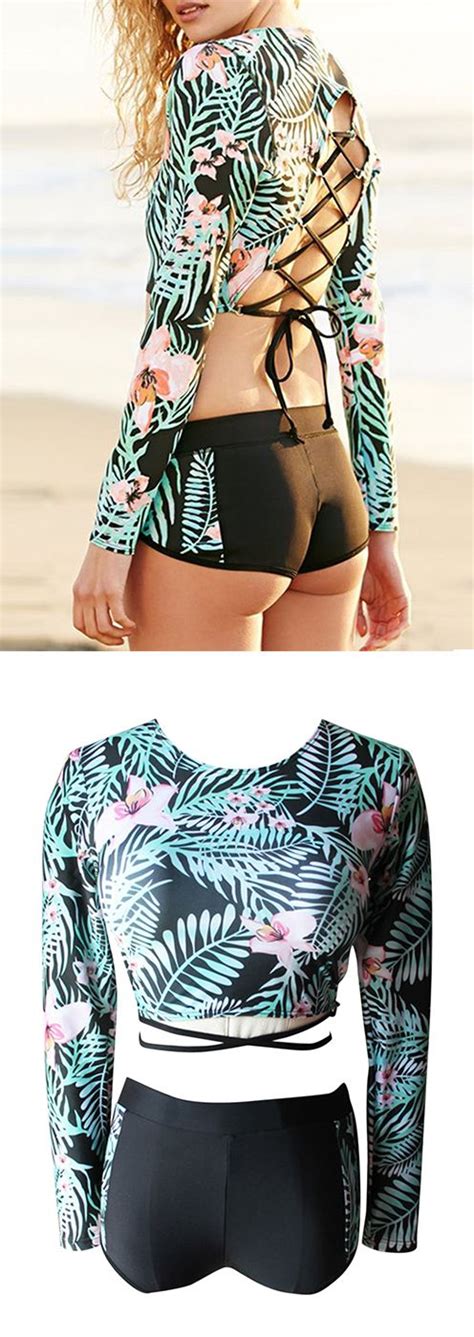 Iyasson Tropical Leaves Printing Long Sleeves Swimsuit Long Sleeve