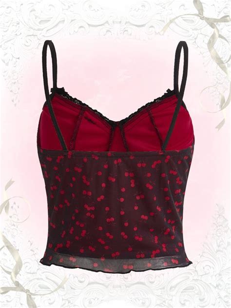 Romwe Cherry Print Contrast Lace Cami Top Shein Uk