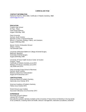 Fillable Online CURRICULUM VITAE CONTACT INFORMATION Katherine Fax