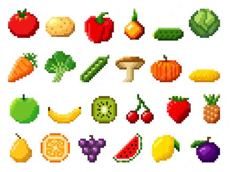 Iconos De Juego De 8 Bits De Frutas Y Verduras De Pixel Art Retro