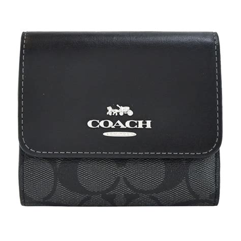 Coach 蔻馳 立體馬車logo 皮革拼接pvc三折短夾石墨黑 Pchome 24h購物