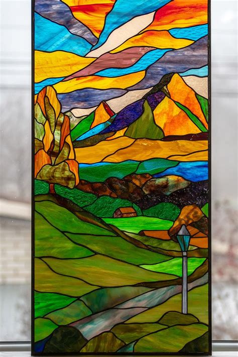 Custom Stained Glass Panel Sunset At Mountains Landscape Stained Glass