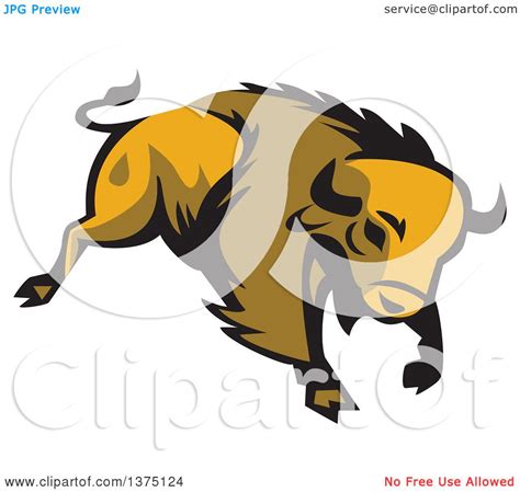 Clipart Of A Retro Charging American Bison Buffalo Royalty Free