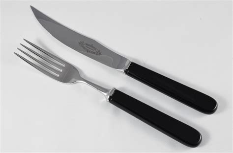 New Fantastic Genuine Black Handle Steak Knife And Fork Mirrored Finish