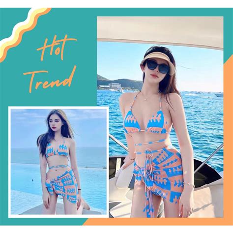 HÀNG QUẢNG CHÂU CAO CẤP Set Bikini Đồ Bơi Đi Biển 3 Mảnh Cam Dây