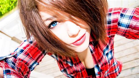 Hd Wallpaper Brunettes Women Blue Eyes Cleavage Models Self Shot Plaid Shirt Plaid Faces Breast