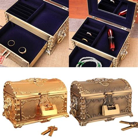 Metal Jewelry Storage Box With Drawer And Lock Vintage Organizer Holder