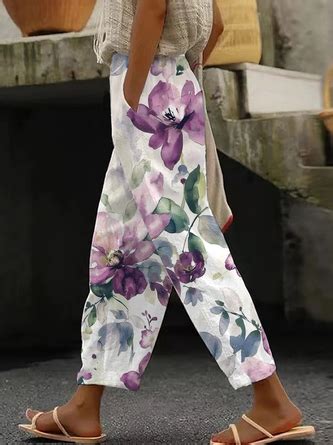 Women Cotton Casual Floral Long Pants Noracora