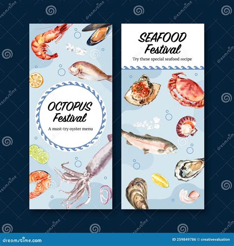 Seafood Flyer Design With Amberjack Fish Cockle Illustration