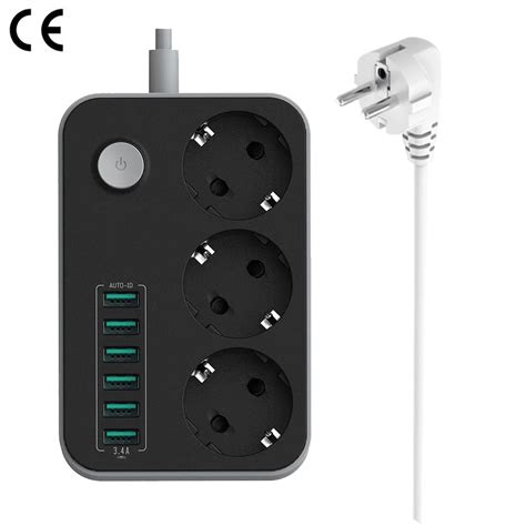 Eu European Plug Power Strip W Switch 10a 250v 2500w 3 Outlets 6 Usb