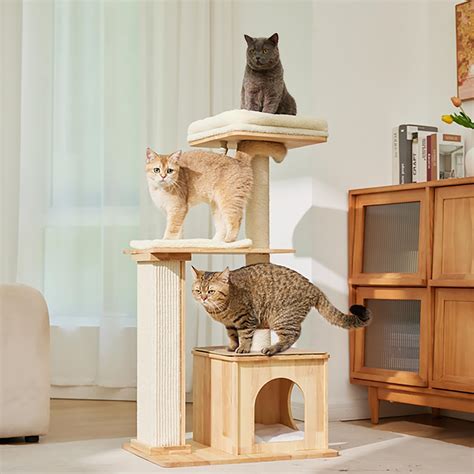 Cikea Modern Wood Cat Tree For Large Small Cats Natural Solid Wooden