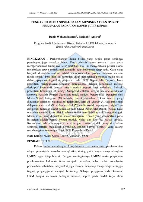 Pdf Pengaruh Media Sosial Dalam Meningkatkan Omzet Penjualan Pada Ukm