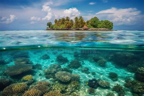 Tropical Island and Cristal Clear Water of Maldives. Half Underwater Stock Illustration ...