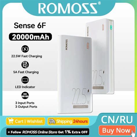 ROMOSS Sense 6F Power Bank 20000mAh 22 5W Fast Charge Type C Portable