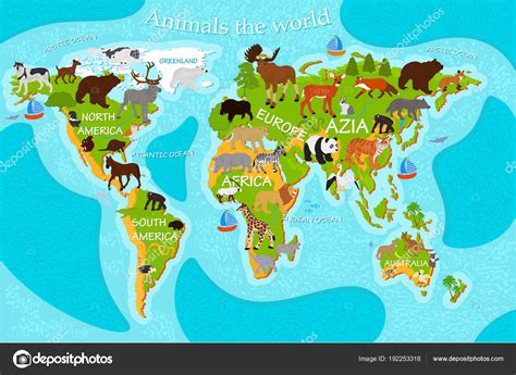 Mapa Los Animales Del Mundo Con Los Nombres Los Continentes Ilustración