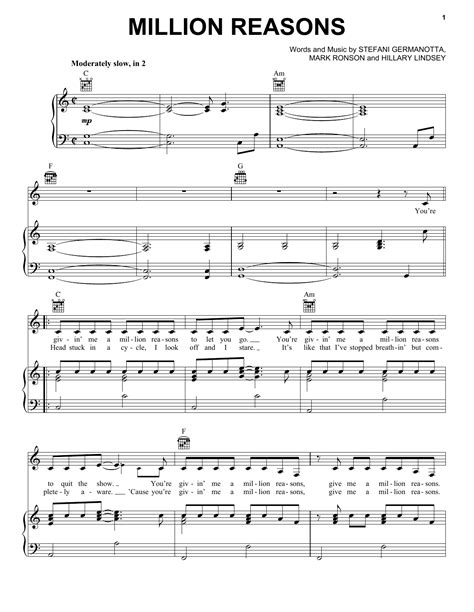 Million Reasons Sheet Music | Lady Gaga | Piano, Vocal & Guitar Chords ...
