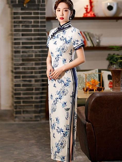 White And Blue Floral Print Qipao Cheongsam Dress