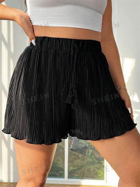 Shein Ezwear Loose Fit Womens Plus Size Black Shorts With Fringe Hem