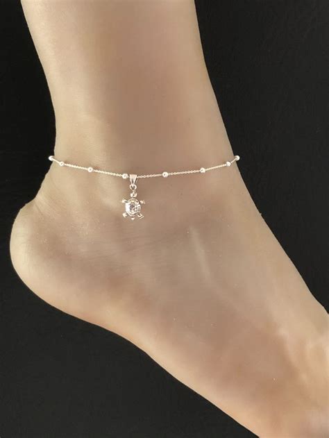 Turtle Anklet Sterling Silver Beaded Ankle Bracelet Good Luck Charm