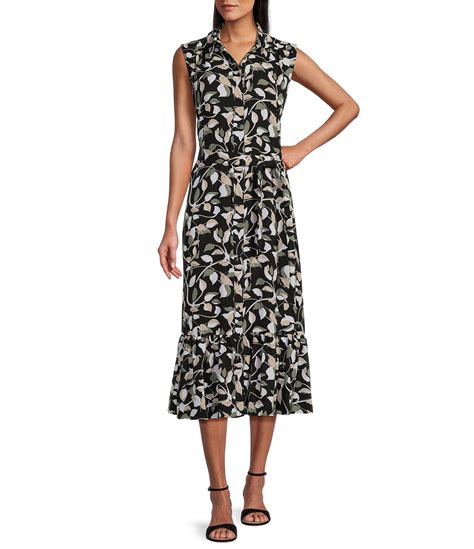 Investments Floral Print Point Collar Sleeveless Button Front Midi