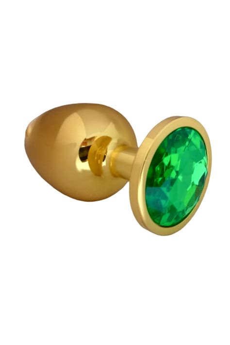 Grande Plug Anal Metalico Dorado Con Joya Verde