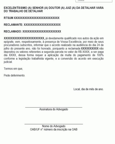 Modelo de Petição para Conversão de Acordo Trabalhista em Execução por