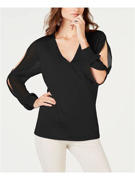 Inc Inc Womens Black Surplice Split Sleeves Long Sleeve V Neck Top