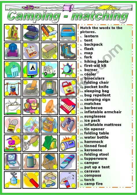 CAMPING MATCHING EXERCISE B W VERSION INCLUDED ESL Worksheet By