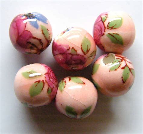 30pcs 8mm Round Porcelainceramic Beads Peach Dark Pink Flowers Beadsforewe