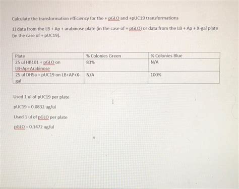 Solved Calculate The Transformation Efficiency For The PGLO Chegg