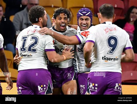 Josh Addo Carr Of The Storm Centre Reacts After Scoring A Try During