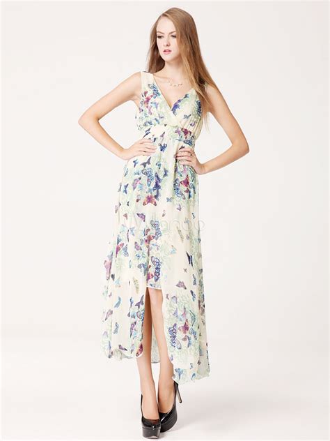 Multicolor Print Straps High Low Chiffon Maxi Dress For Women