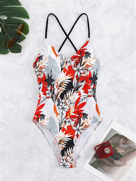 Tropical Print Criss Cross Backless One Piece Swimsuit Shein