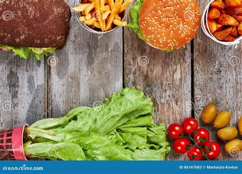 Junk Food And Fresh Vegetables Stock Image Image Of Ciabatta Diet