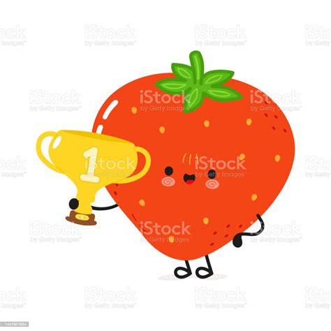 Cute Funny Strawberry Hold Gold Trophy Cup Vector Hand Drawn Cartoon Kawaii Character