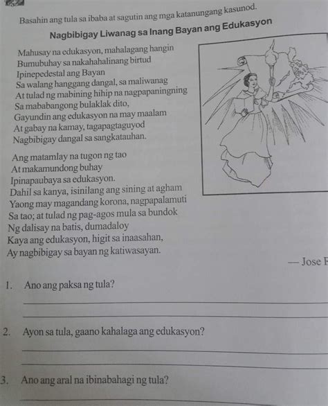 1 Ano Ang Paksa Ng Tula 2 Ayon Sa Tula Gaano Kahalaga Ang Edukasyon 3 Ano Ang Aral Na