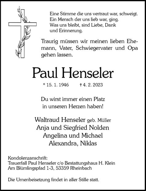 Traueranzeigen Von Paul Henseler Ga Trauer De