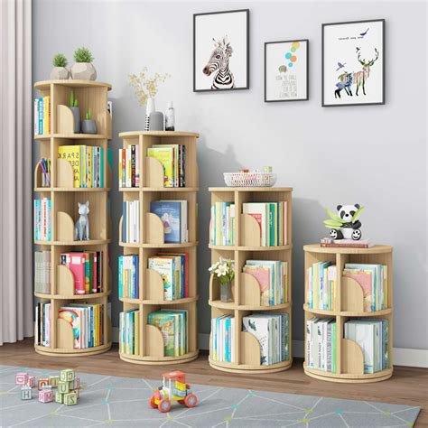 Tnueeio Tier Wooden Rotating Bookshelf Natural Solid Wood Revolving