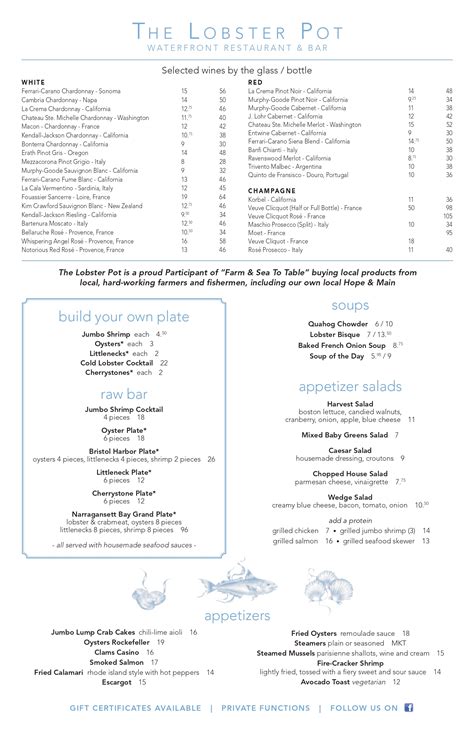 Dinner Menu Bristol Ri The Lobster Pot The Lobster Pot