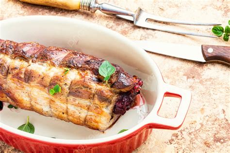 Carne De Cerdo Al Horno Rellena De Cerezas Al Horno Sabroso Pastel De