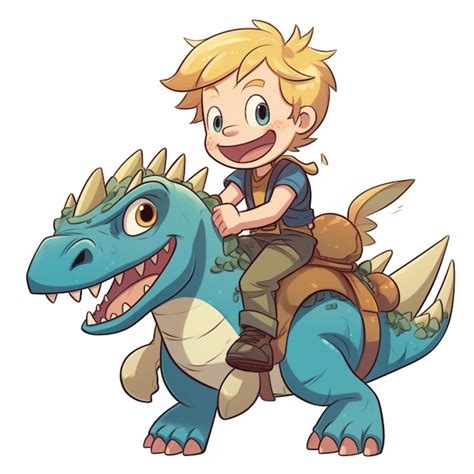 Niño de dibujos animados montando un dinosaurio generativo ai Foto