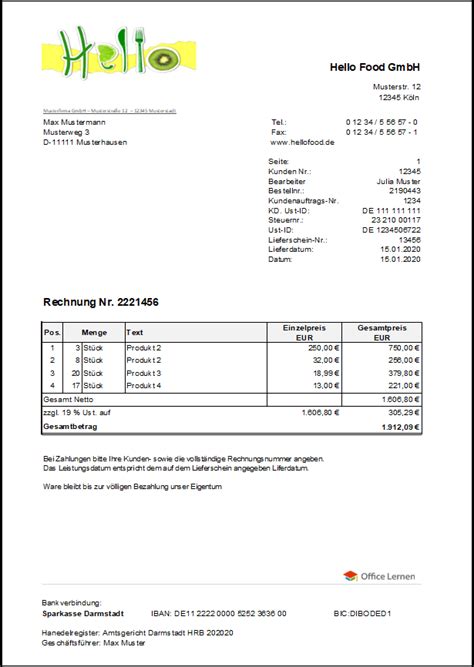 Rechnungsvorlagen Und Muster Zum Herunterladen Office Lernen