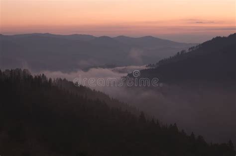 Foggy Mountain Valley At Sunrise Stock Photo Image Of Natural