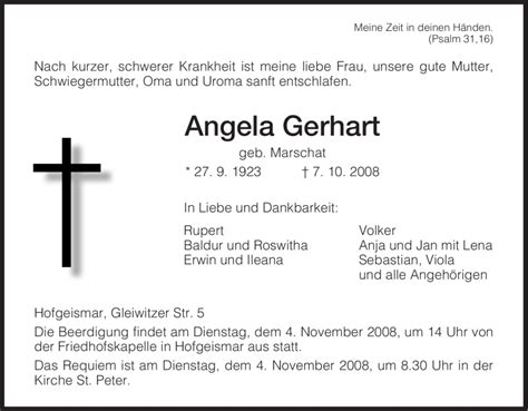 Traueranzeigen Von Angela Gerhart Trauer HNA De