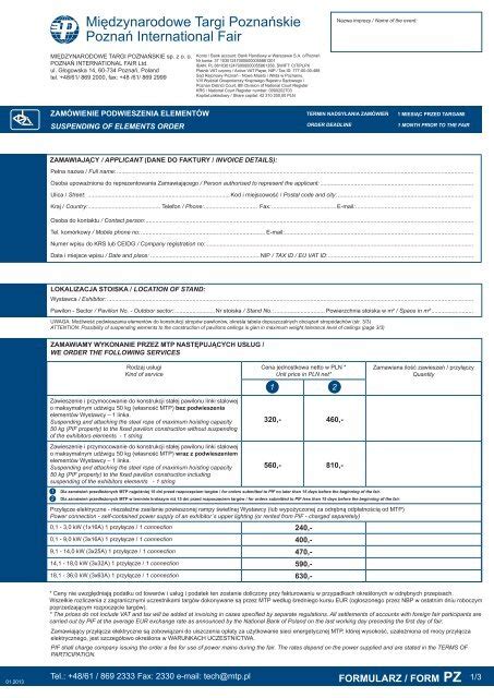 FORMULARZ FORM PZ MTP MiÄ dzynarodowe Targi PoznaÅ skie