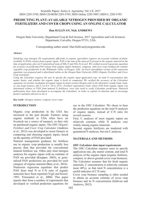 PDF PREDICTING PLANT AVAILABLE NITROGEN PROVIDED BY ORGANIC