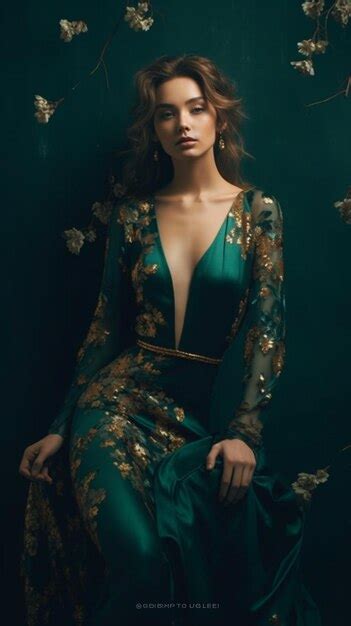 Premium Ai Image A Model Wears A Green Dress With Gold Embroidery