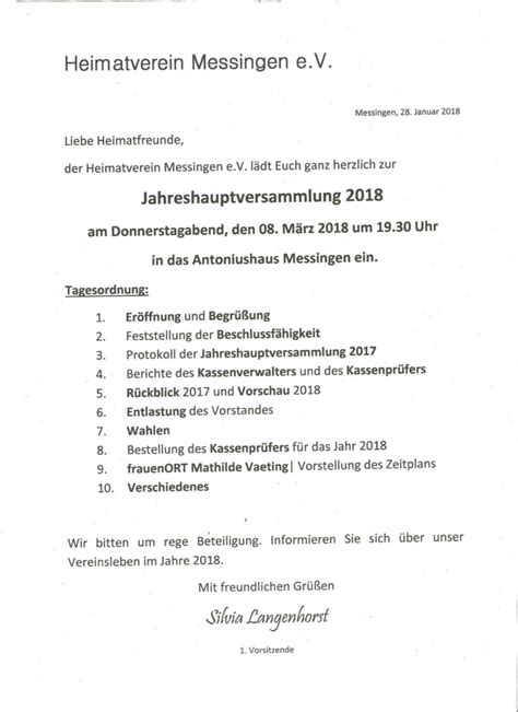 Einladung Zur Generalversammlung Heimatverein Messingen E V