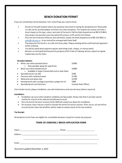 Fillable Online Donation Bench Program Application Form City Of